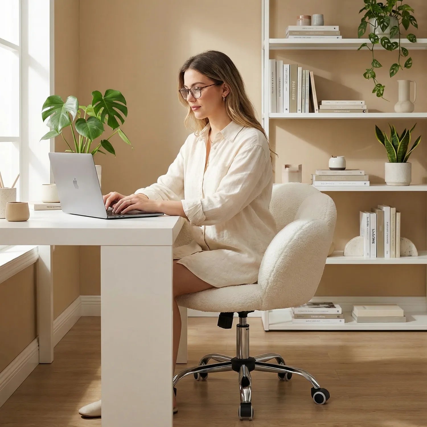 Une femme qui travaille sur son bureau et qui est assise sur la Chaise de bureau District 05