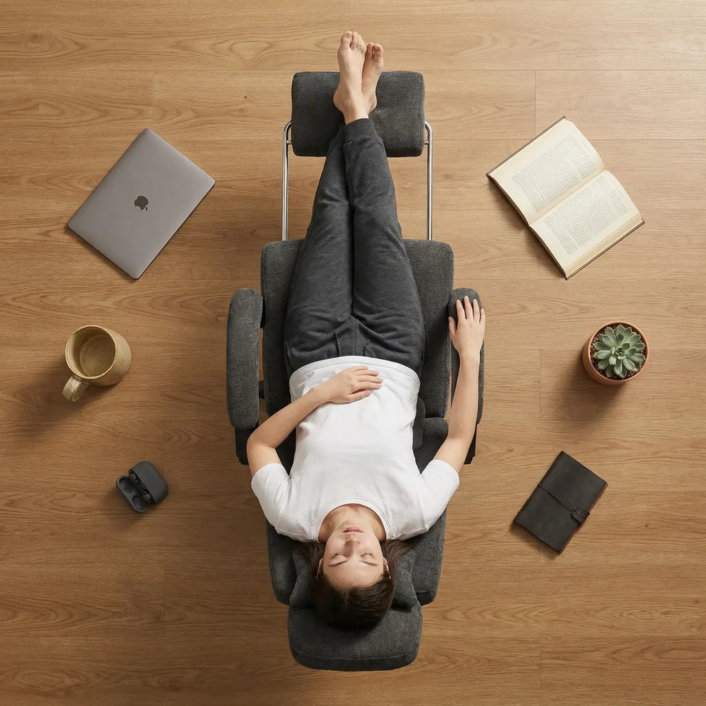 Chaise de bureau DIstrict 06 avec dessus un homme avec plusieurs objets au sol