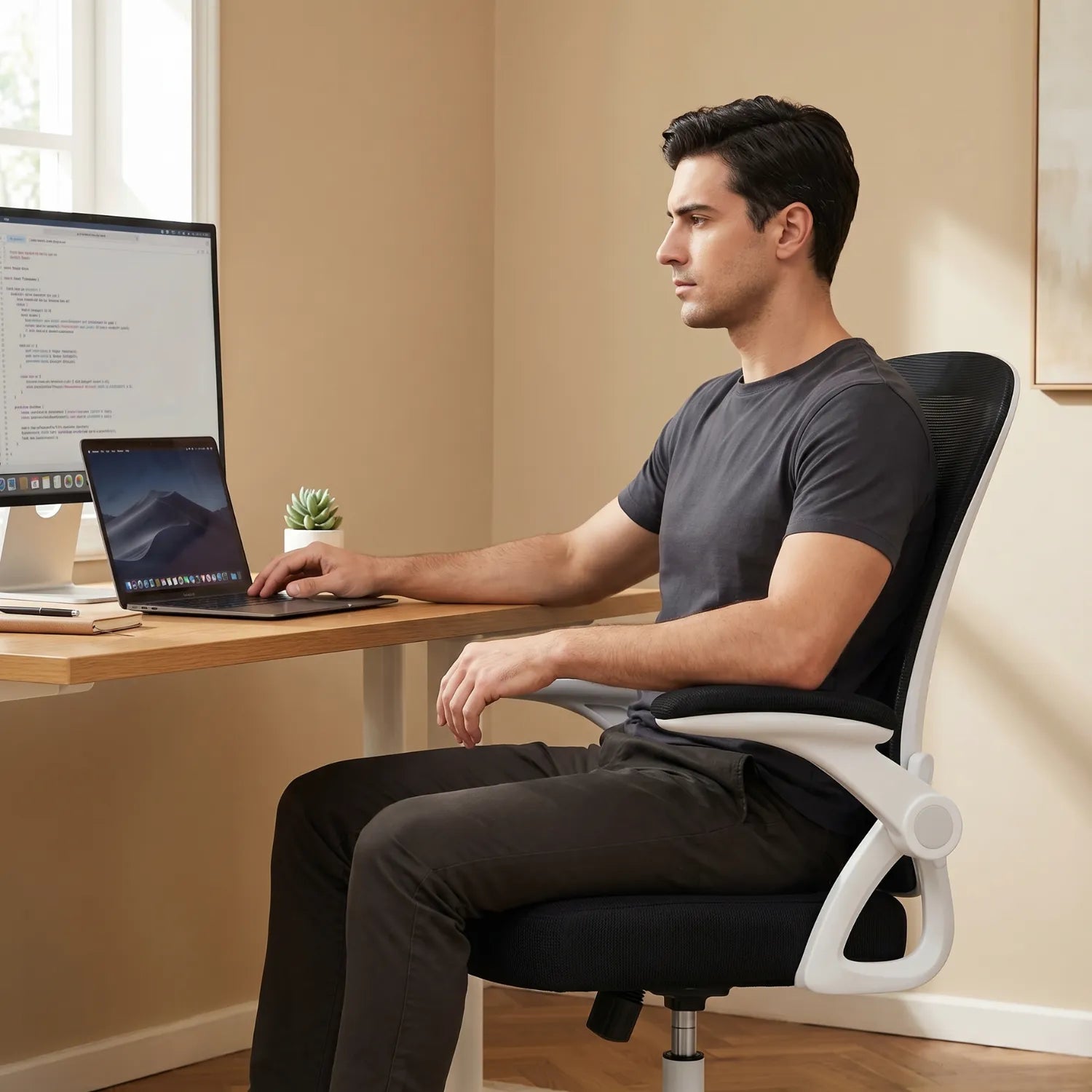 Homme assis en posture ergonomique sur la chaise de bureau District 12 mesh, travaillant sur laptop et écran de code dans un bureau bois clair