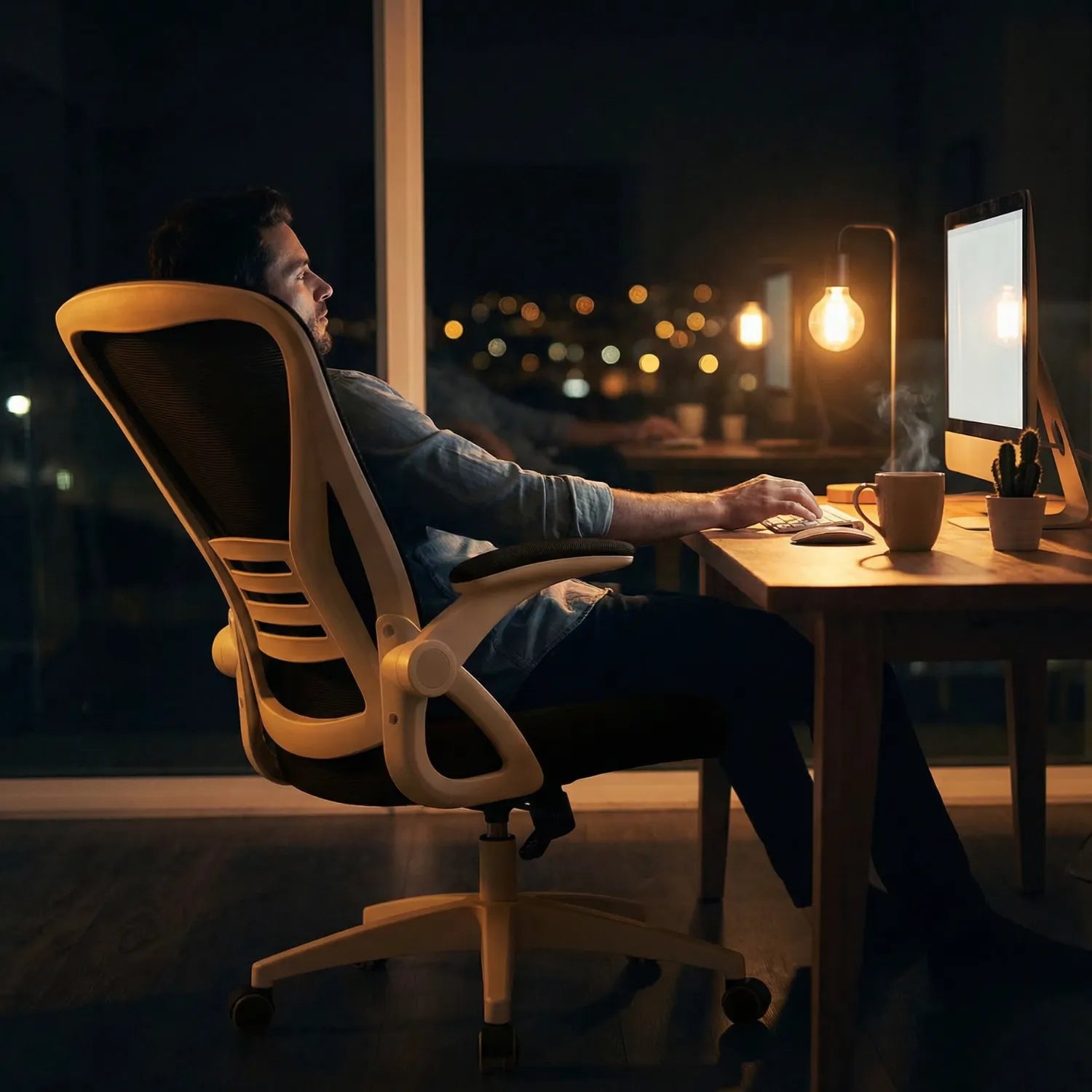 Homme travaillant tard le soir sur ordinateur assis dans une chaise bureau ergonomique mesh, ambiance lumière chaude avec vue urbaine nocturne