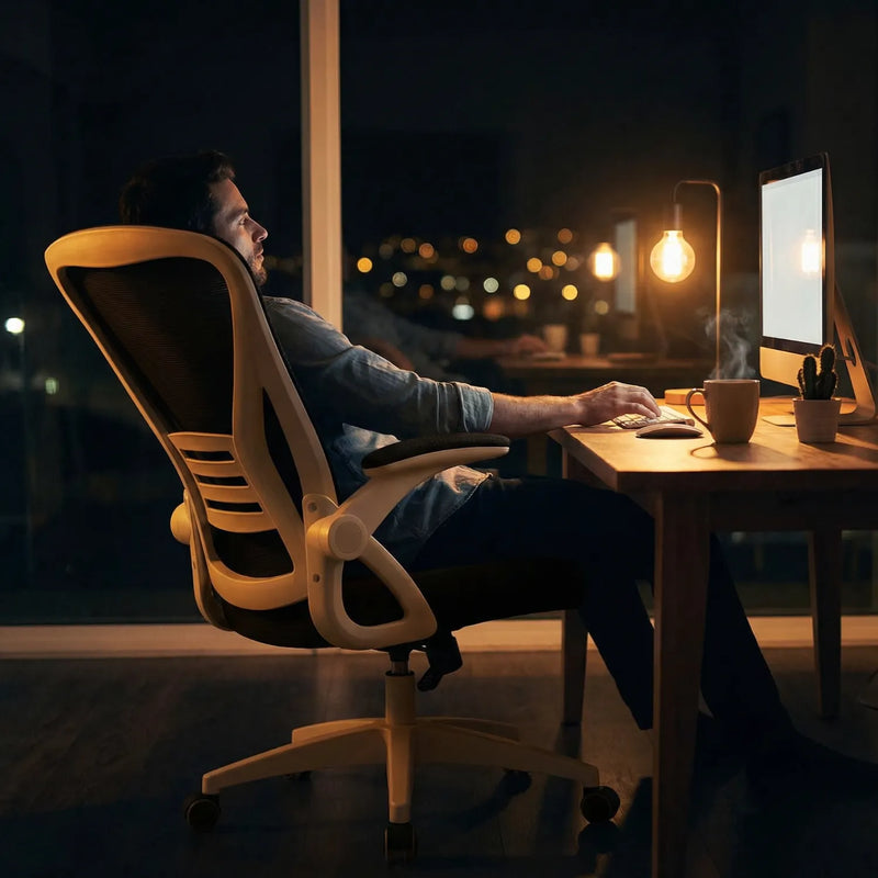 Homme travaillant tard le soir sur ordinateur assis dans une chaise bureau ergonomique mesh, ambiance lumière chaude avec vue urbaine nocturne