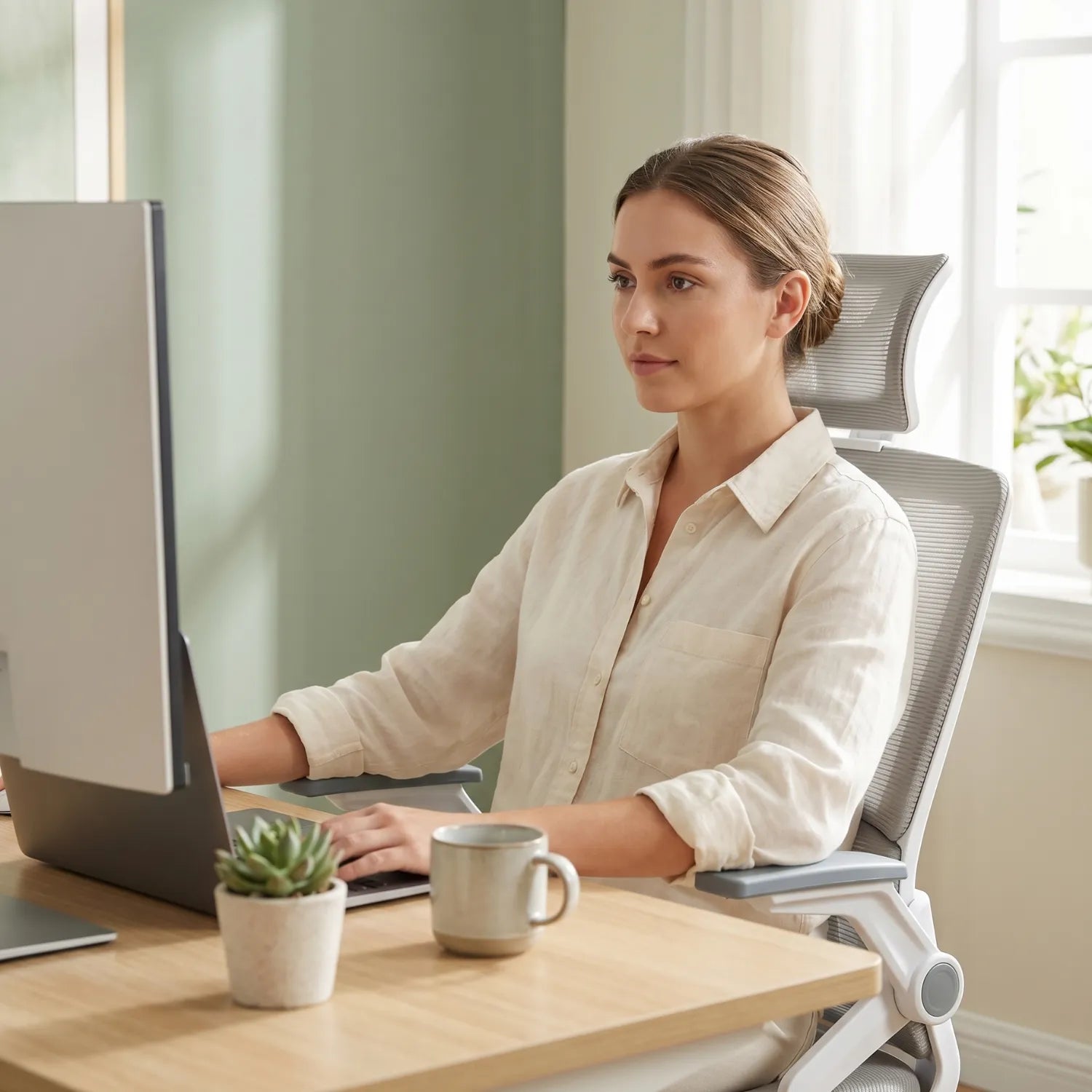 Femme de face, home office vert sauge
Femme concentrée travaillant sur écran assise sur la District 17 chaise bureau maille respirante appui-tête maille grise, home office mur vert sauge lumière naturelle