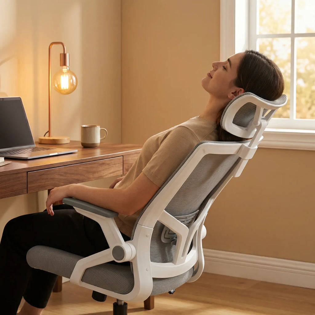Femme en pause se relaxant en inclinant la District 17 chaise bureau maille respirante appui-tête maille grise, bureau bois lampe Edison lumière chaude