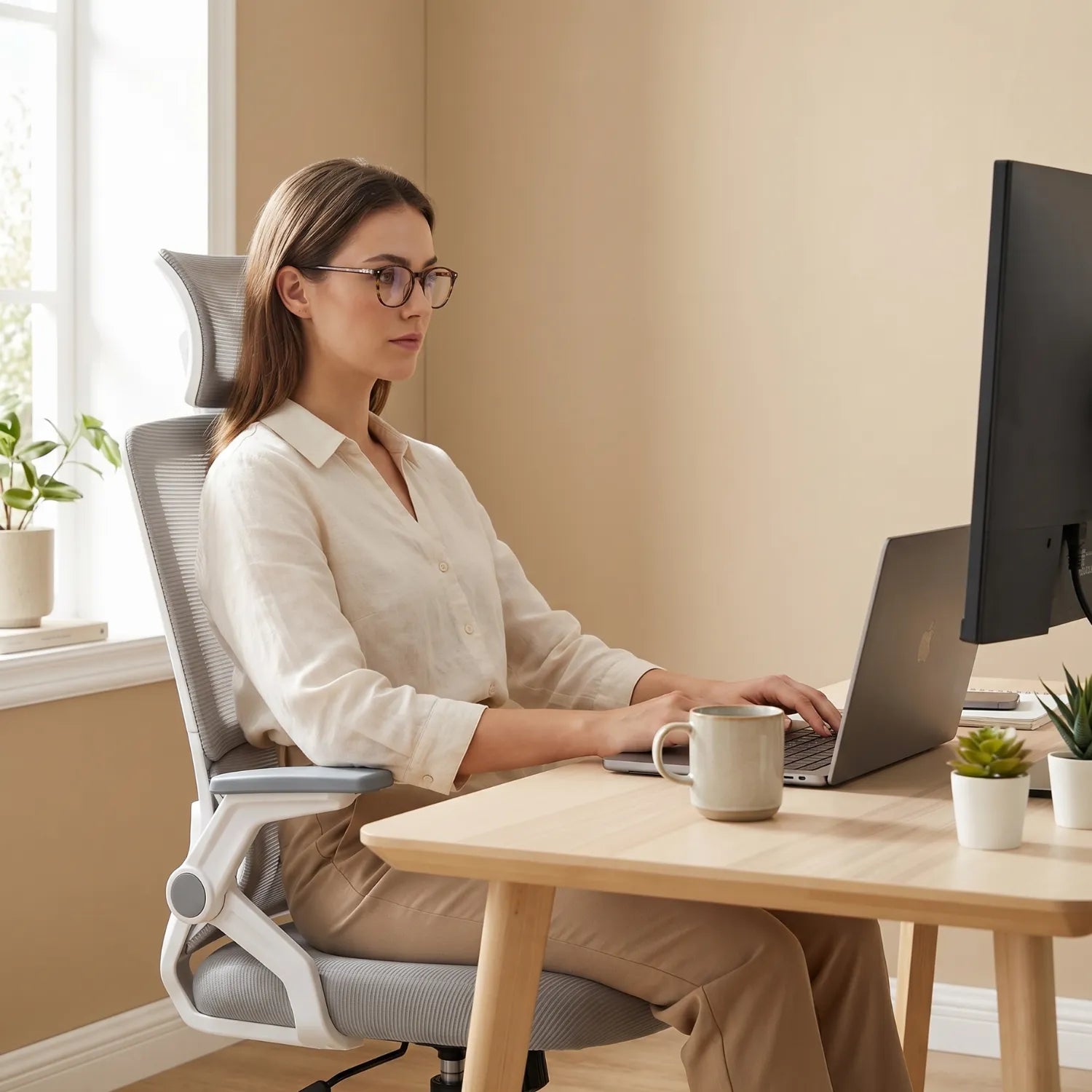 Femme avec lunettes en posture ergonomique sur la District 17 chaise bureau maille respirante grise, travail laptop et écran bureau bois tons beige chauds