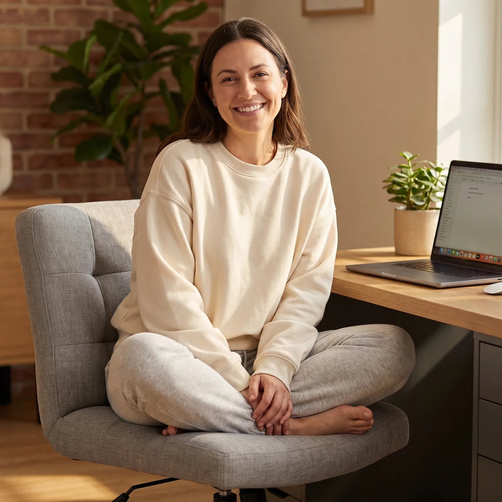Femme souriante assise en tailleur sur la District 18 chaise de bureau tissu lin gris sans accoudoirs, home office mur brique et plante tropicale lumière chaude