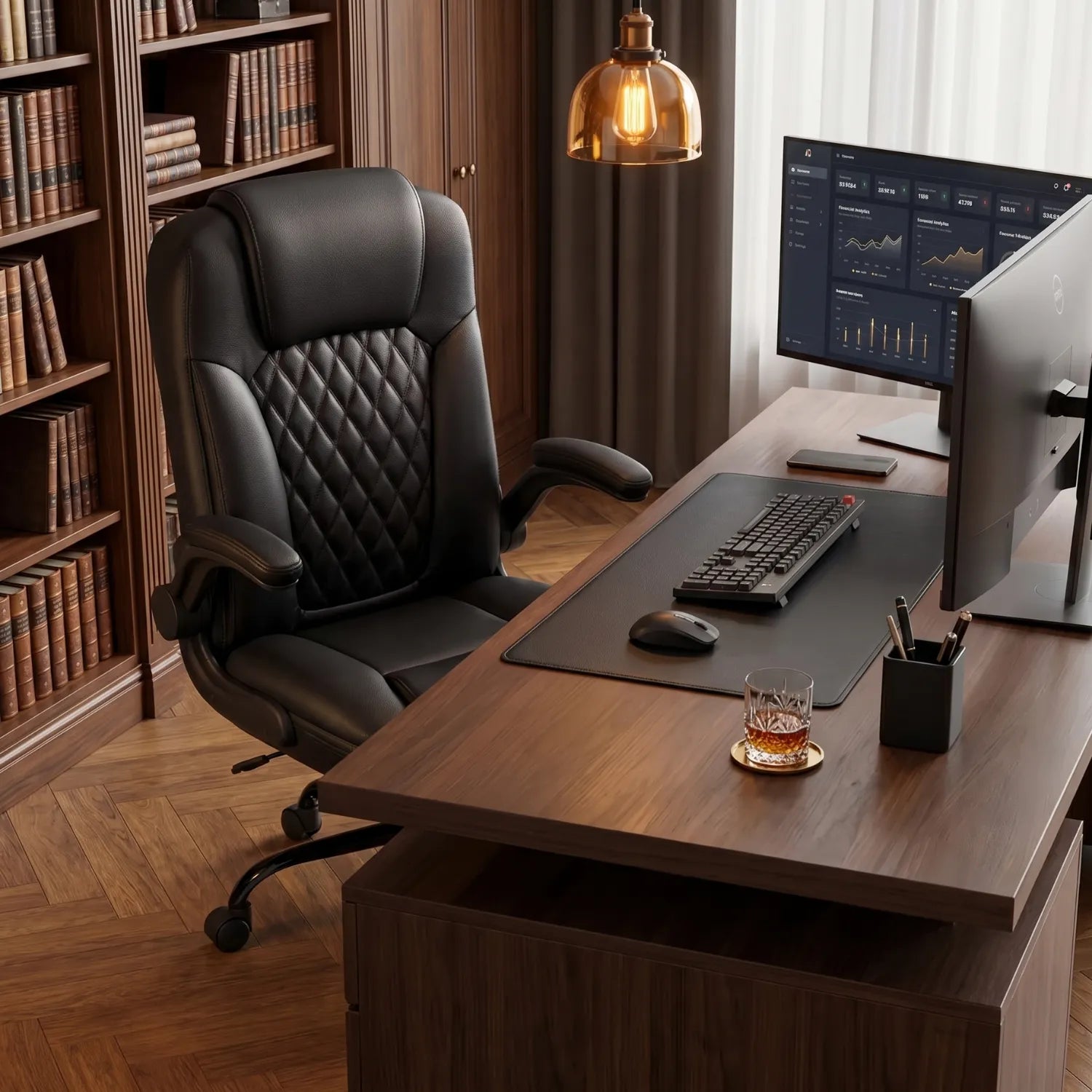 District 19 chaise bureau cuir noir élite capitonnage losanges dans bureau directorial luxueux, grand bureau noyer bibliothèque cuir écran double ampoule Edison