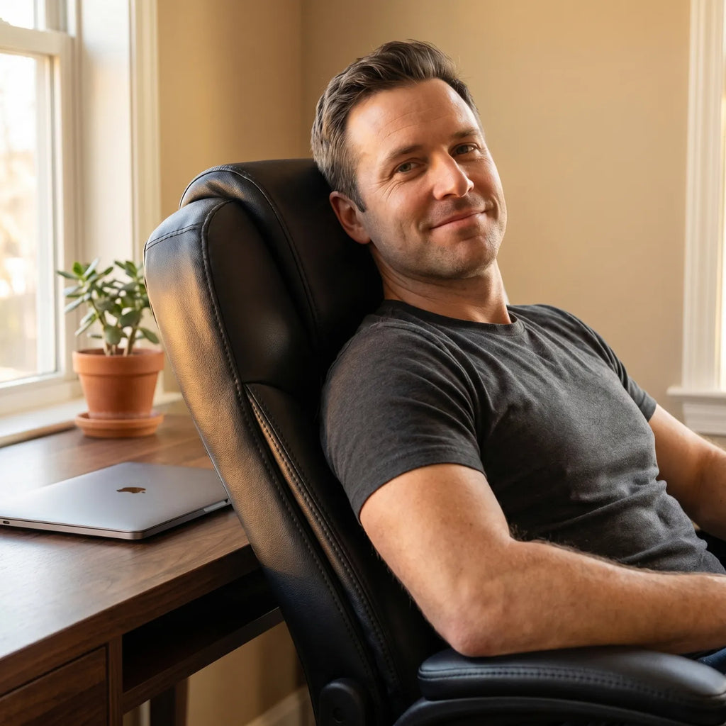 Homme souriant se relaxant incliné dans la District 19 chaise bureau cuir noir élite, home office bois clair lumière naturelle chaude avec laptop et plante