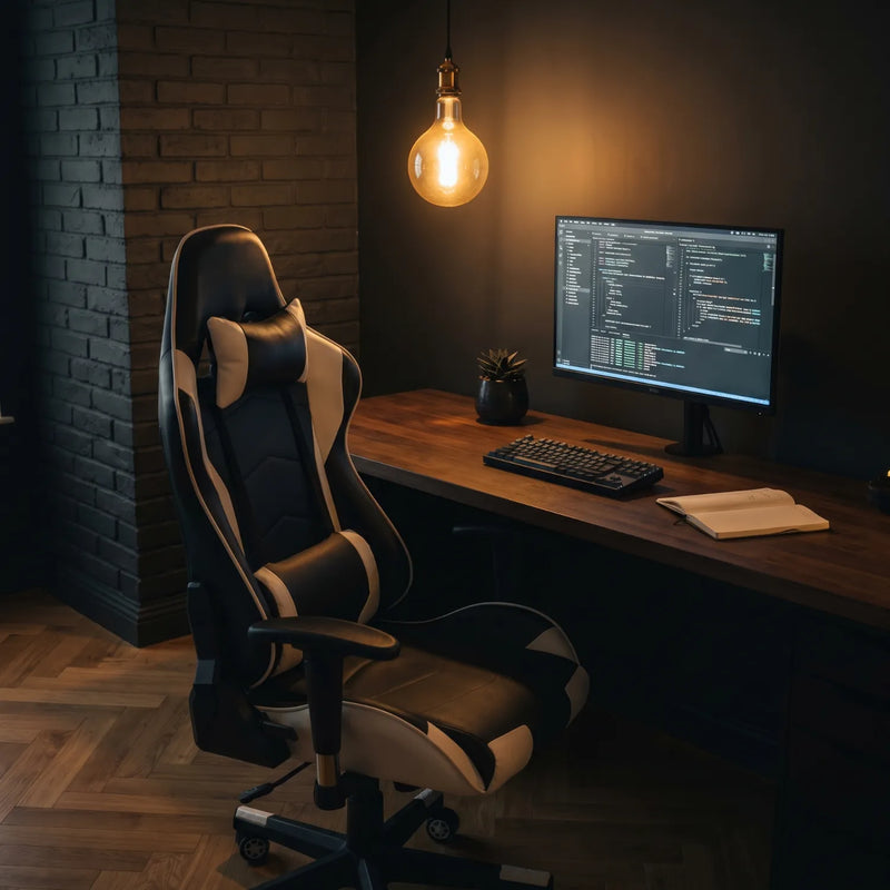 District 21 chaise gaming avec massage lombaire noir et blanc dans dark setup bureau walnut écran code vert, mur brique ampoule Edison ambiance intense