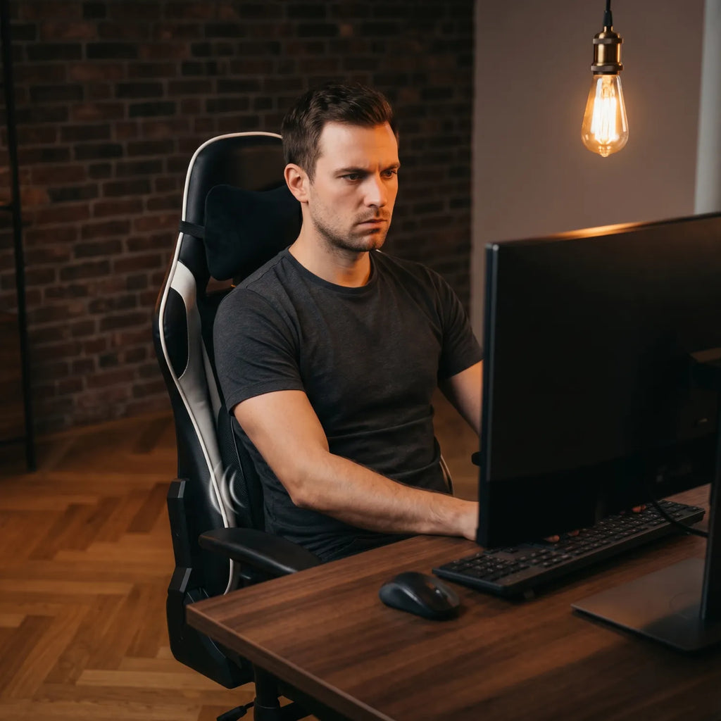 Homme concentré travaillant sur écran assis dans la District 21 chaise gaming massage lombaire noir et blanc, dark setup bureau noyer mur brique ampoule Edison