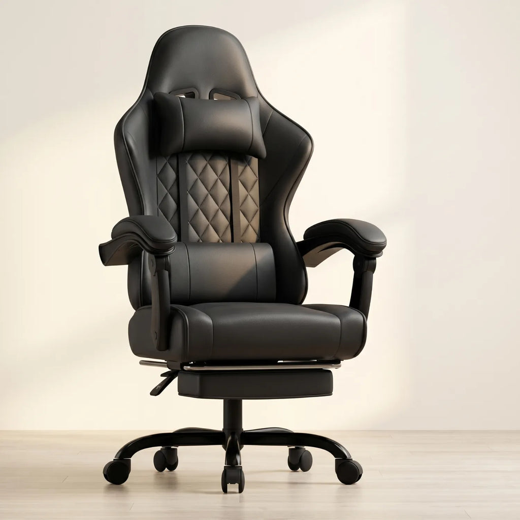District 21 Chaise Gaming avec Massage Lombaire noir et beige capitonnage losanges avec appui-tête et repose-pieds escamotable, vue de face fond beige clair