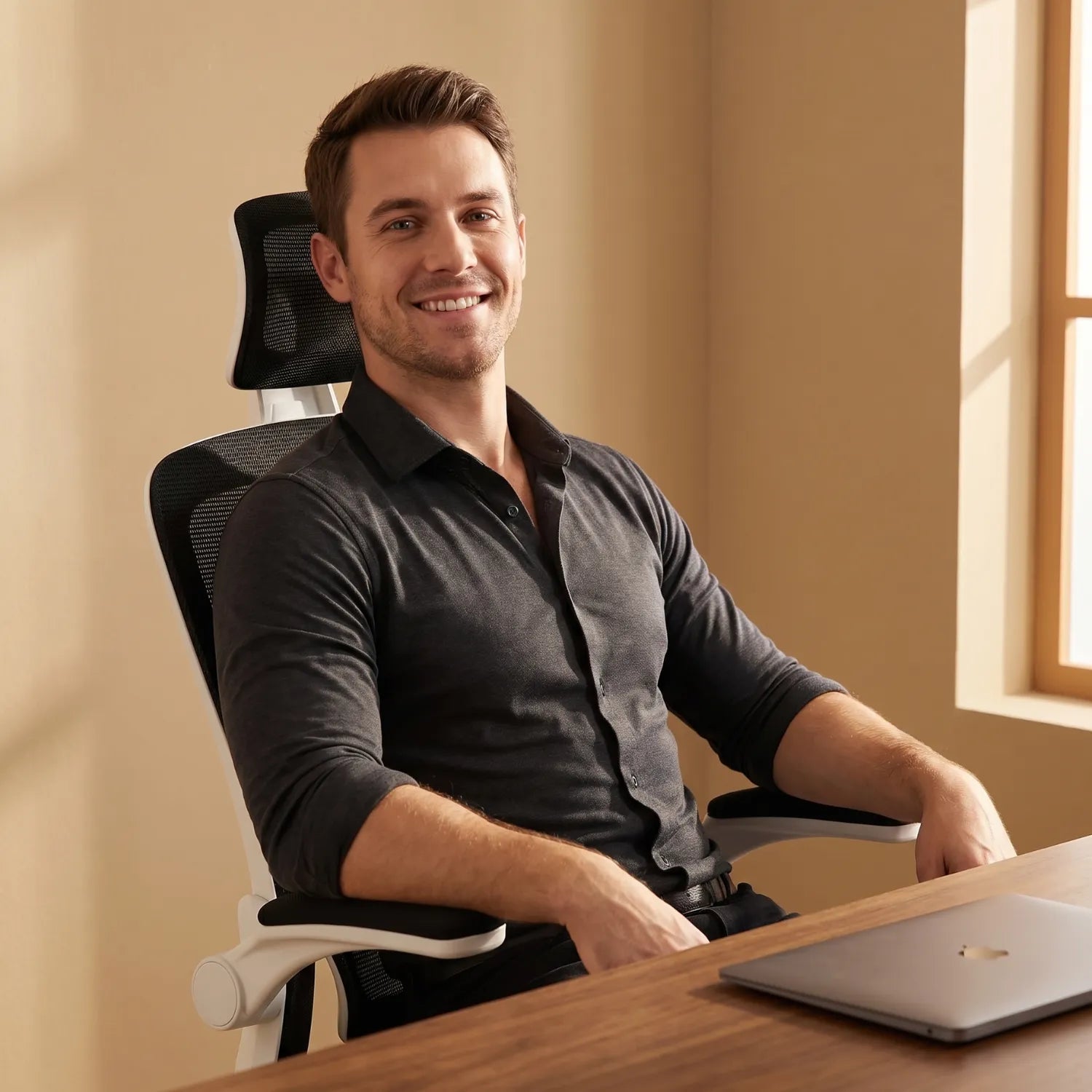 Homme souriant détendu assis sur la District 22 chaise bureau maille 3 segments ergonomique noir et blanc, bureau en bois lumière chaude dorée home office beige