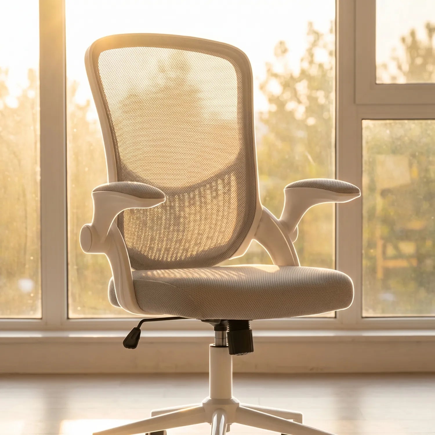 District 23 Chaise de Bureau Maille Accoudoirs Pliants gris beige cadre blanc rétroéclairée lumière dorée coucher de soleil devant grande fenêtre