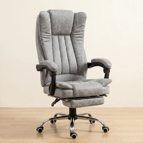 District 25 chaise de bureau massante chauffante velours gris avec repose-pied rétractable – vue 3/4 fond crème