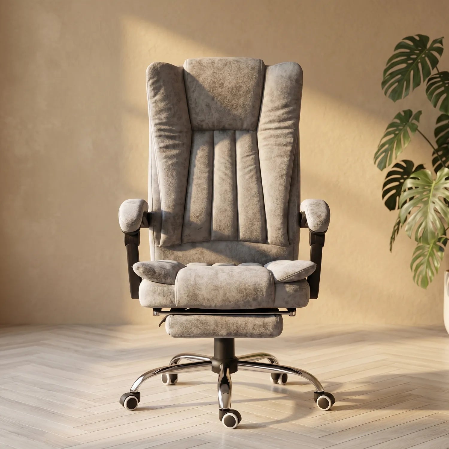 District 25 chaise de bureau massante chauffante velours gris beige avec repose-pied – vue frontale ambiance naturelle monstera