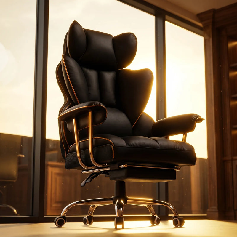 District 26 chaise bureau ergonomique grand dossier cuir noir contre-jour lumière dorée – silhouette premium bureau luxe