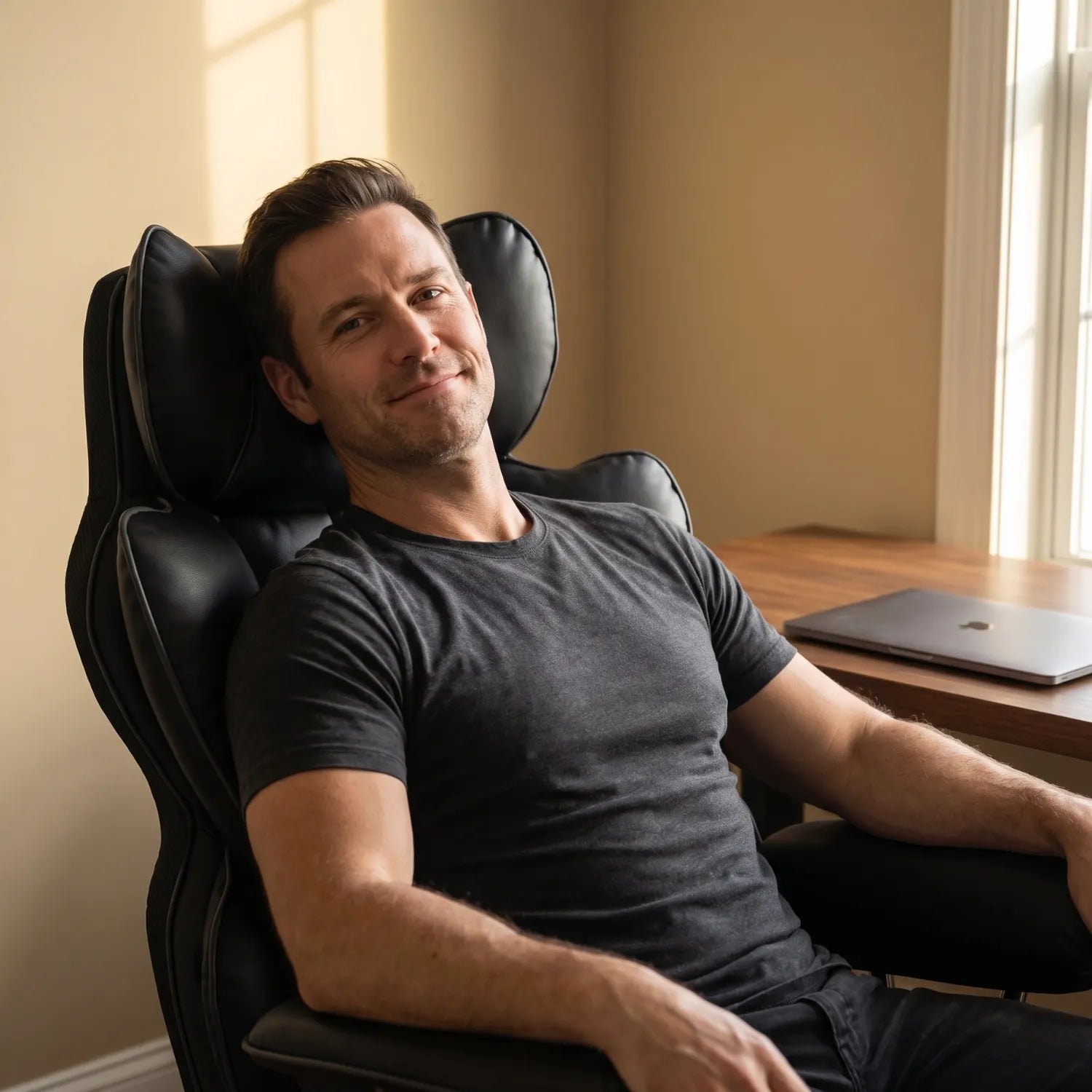 Homme souriant détendu incliné dans la District 26 chaise bureau ergonomique confort absolu cuir noir – lumière naturelle