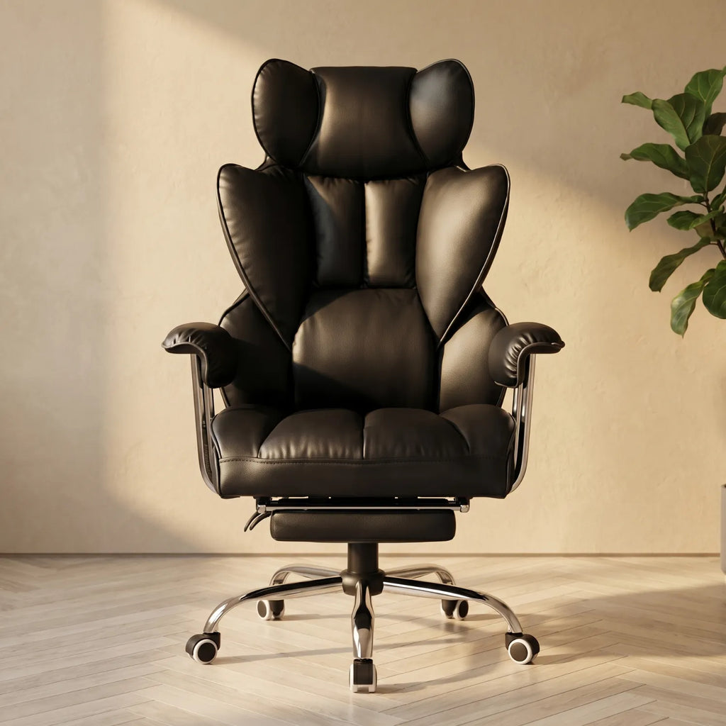 District 26 chaise bureau ergonomique confort absolu cuir noir vue frontale appuie-tête ajustable – fond beige naturel